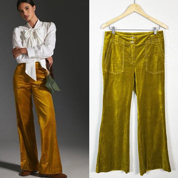 Maeve Anthropologie Women’s Naomi Chartreuse Velvet Trouser Pants Size 8 - Picture 1 of 15